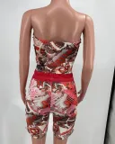 Women Casual print Short-sleeved Top and Shorts Two Piece Set
