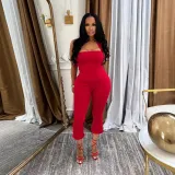 Women Summer Strapless Halter Neck Top and Solid Pants Two Piece Set