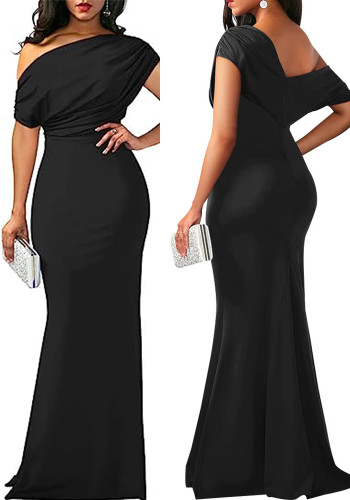 Plus Size Women Solid Slash Shoulder Elegant Bodycon Dress