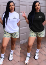 Women Spring Summer Casual Printed Top and Shorts Two Piece Set