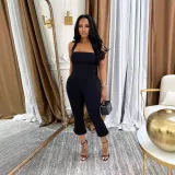 Women Summer Strapless Halter Neck Top and Solid Pants Two Piece Set