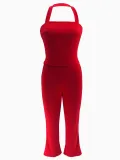 Women Summer Strapless Halter Neck Top and Solid Pants Two Piece Set