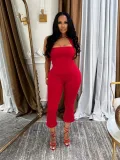 Women Summer Strapless Halter Neck Top and Solid Pants Two Piece Set
