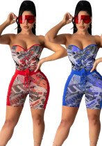 Women Casual print Short-sleeved Top and Shorts Two Piece Set