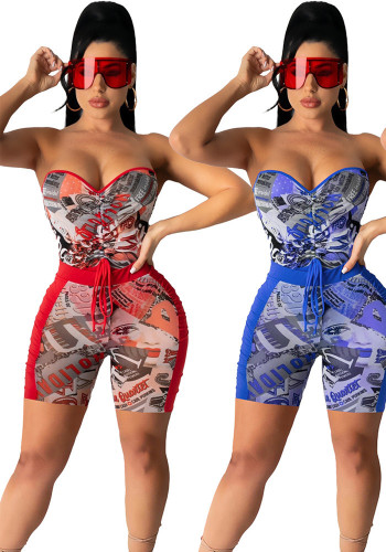 Women Casual print Short-sleeved Top and Shorts Two Piece Set