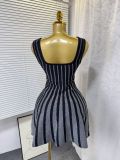 Chic Elegant Stripes Slim Waist Strap Knitting A-line Short Dress for Women