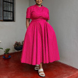 Summer Plus Size Women's Short Sleeved V neck Bohemian Polk Dot Print Long Dress