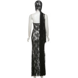 Spring Summer Women's Sexy See Through Lace Strapless Slim Slit Dress