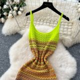 Women's Summer Strap Knitting Gradient Color Slim Bodycon Long Dress