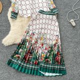 Fashion Women's Contrast Color Print Long Sleeved Shirt High Waist Pleated Skirt Two Piece Set