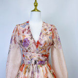 V neck Floral Print High Waist Pleated Holidays Short Dress for Women
