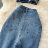 Fashion Beaded Denim summer Strapless Vest High Waist Denim Bell Bottom Trousers Two Piece Set for Women