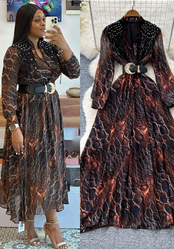 Fashionable Women's Beaded Sequin Embroidery V neck Slim Waist Long Sleeve Leopard Print Elegant Long Dress