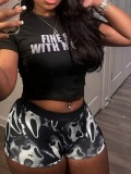Spring Summer Short T Print Shorts Sexy Tight Fitting Sports Two Piece Set