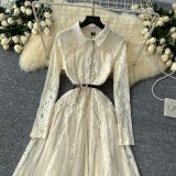 Elegant Women's Lace Patchwork Mesh Irregular Midi Dress