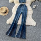 Fashion Beaded Denim summer Strapless Vest High Waist Denim Bell Bottom Trousers Two Piece Set for Women