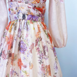 V neck Floral Print High Waist Pleated Holidays Short Dress for Women
