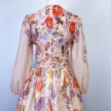 V neck Floral Print High Waist Pleated Holidays Short Dress for Women