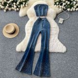 Fashion Beaded Denim summer Strapless Vest High Waist Denim Bell Bottom Trousers Two Piece Set for Women