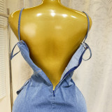 Women's Summer Elastic Slim Waist Sexy Denim Strap Ruffled Bodycon Short Dress