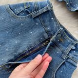 Fashion Beaded Denim summer Strapless Vest High Waist Denim Bell Bottom Trousers Two Piece Set for Women