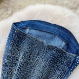 Fashion Beaded Denim summer Strapless Vest High Waist Denim Bell Bottom Trousers Two Piece Set for Women