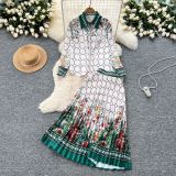 Fashion Women's Contrast Color Print Long Sleeved Shirt High Waist Pleated Skirt Two Piece Set