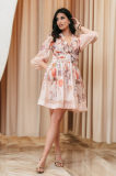 V neck Floral Print High Waist Pleated Holidays Short Dress for Women