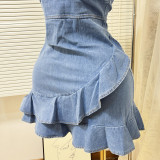 Women's Summer Elastic Slim Waist Sexy Denim Strap Ruffled Bodycon Short Dress