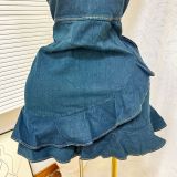 Women's Summer Elastic Slim Waist Sexy Denim Strap Ruffled Bodycon Short Dress