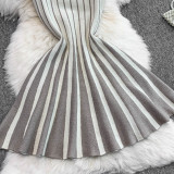 Chic Elegant Stripes Slim Waist Strap Knitting A-line Short Dress for Women