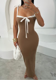 Women's Sexy Lace Up Straps Contrast Long Dress