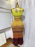 Women's Summer Strap Knitting Gradient Color Slim Bodycon Long Dress