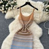 Women's Summer Strap Knitting Gradient Color Slim Bodycon Long Dress
