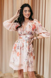 V neck Floral Print High Waist Pleated Holidays Short Dress for Women