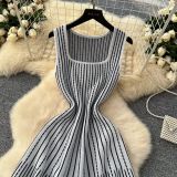 Women's Summer Square Neck Sleeveless Striped Slim Knitting Dress