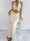 Summer Women's Fashion Sexy Halter Neck Top Low Waist Long Skirt Two piece Set