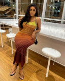 Women's Summer Strap Knitting Gradient Color Slim Bodycon Long Dress
