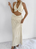 Summer Women's Fashion Sexy Halter Neck Top Low Waist Long Skirt Two piece Set