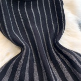 Chic Elegant Stripes Slim Waist Strap Knitting A-line Short Dress for Women