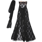 Spring Summer Women's Sexy See Through Lace Strapless Slim Slit Dress