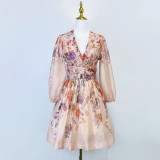 V neck Floral Print High Waist Pleated Holidays Short Dress for Women