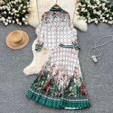 Fashion Women's Contrast Color Print Long Sleeved Shirt High Waist Pleated Skirt Two Piece Set