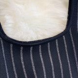Chic Elegant Stripes Slim Waist Strap Knitting A-line Short Dress for Women