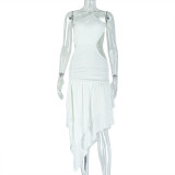Women's Pleated Fashion Elegant Solid Color Slash Shoulder One Shoulder Strap Slit Irregular Dress
