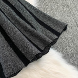 Chic Elegant Stripes Slim Waist Strap Knitting A-line Short Dress for Women