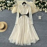 Elegant Women's Lace Patchwork Mesh Irregular Midi Dress
