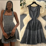 Women's Summer Square Neck Sleeveless Striped Slim Knitting Dress