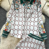 Fashion Women's Contrast Color Print Long Sleeved Shirt High Waist Pleated Skirt Two Piece Set