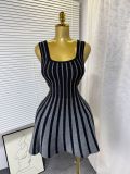 Chic Elegant Stripes Slim Waist Strap Knitting A-line Short Dress for Women
